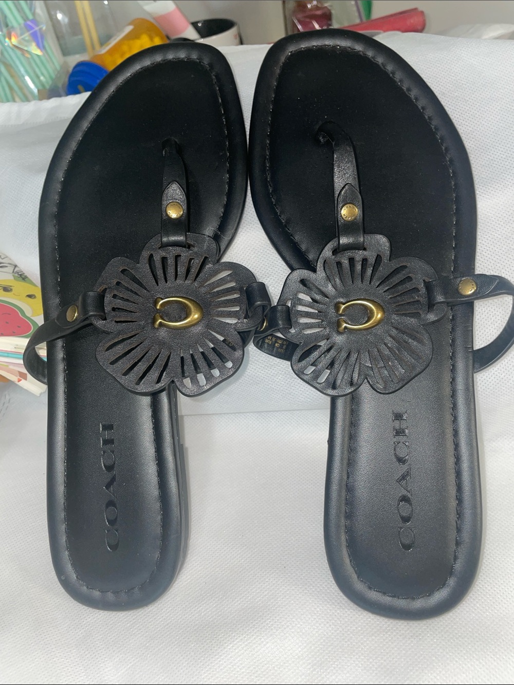 Coach Julia Leather Floral Thong Sandals with Gold C Accents - Picture 3 of 5
